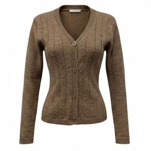 Y2K Vintage Womens sz Sm Brown Ribbed Lattice Knit Button Front Cardigan Sweater